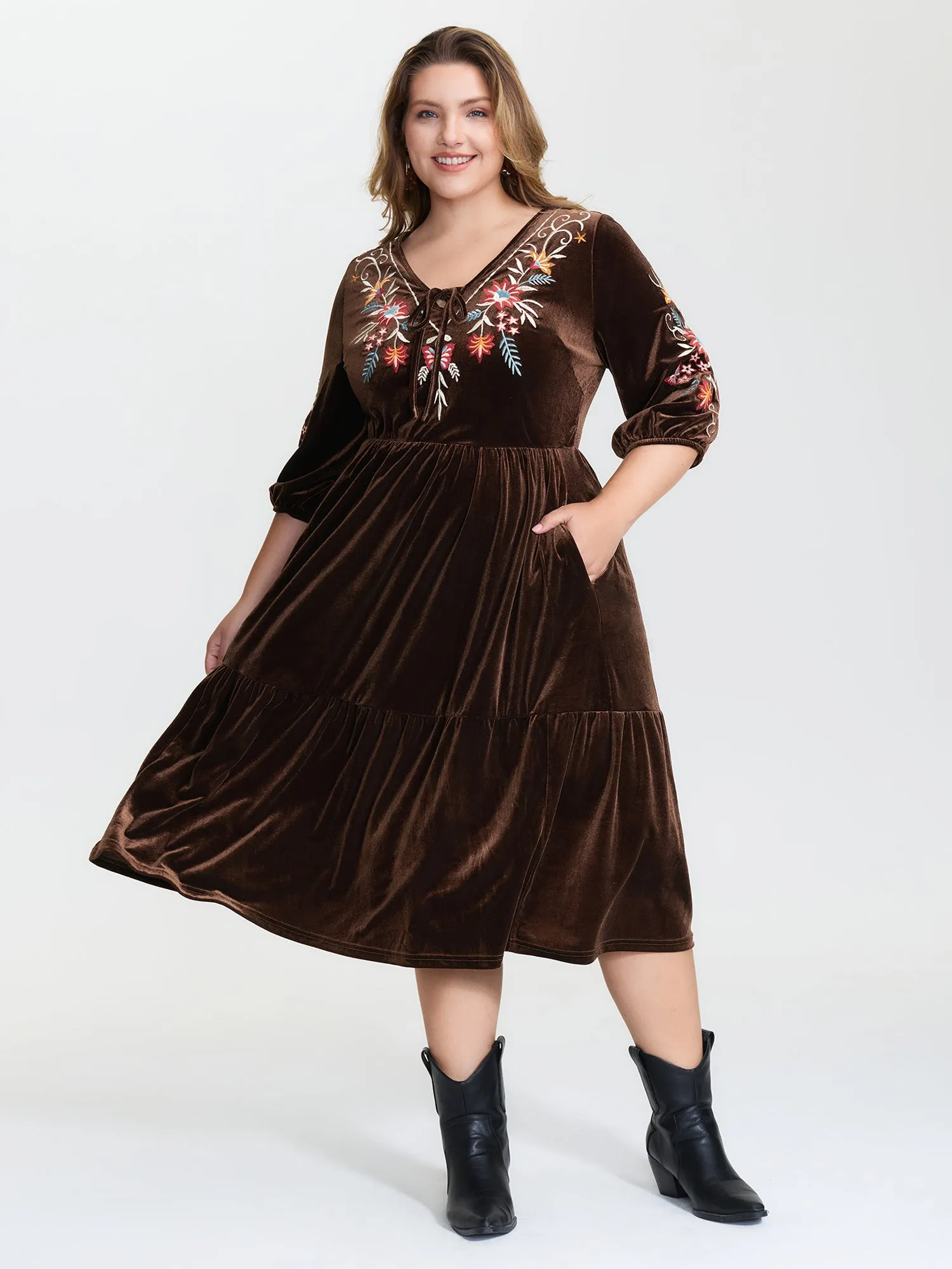 Floral Embroidered Stretchy Waist Pockets Midi Dress sold by Bloomchic product image thumbnail 2