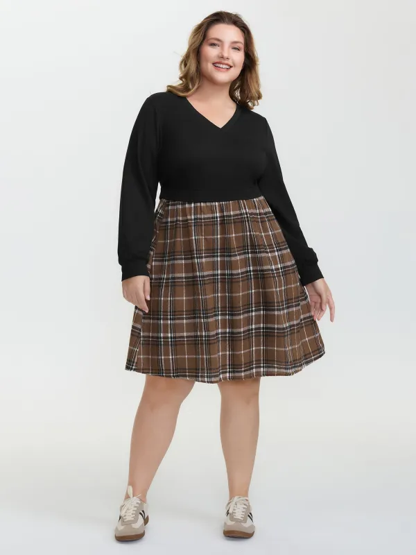 Plaid Color Contrast Stretchy Knee-Length Dress sold by Bloomchic