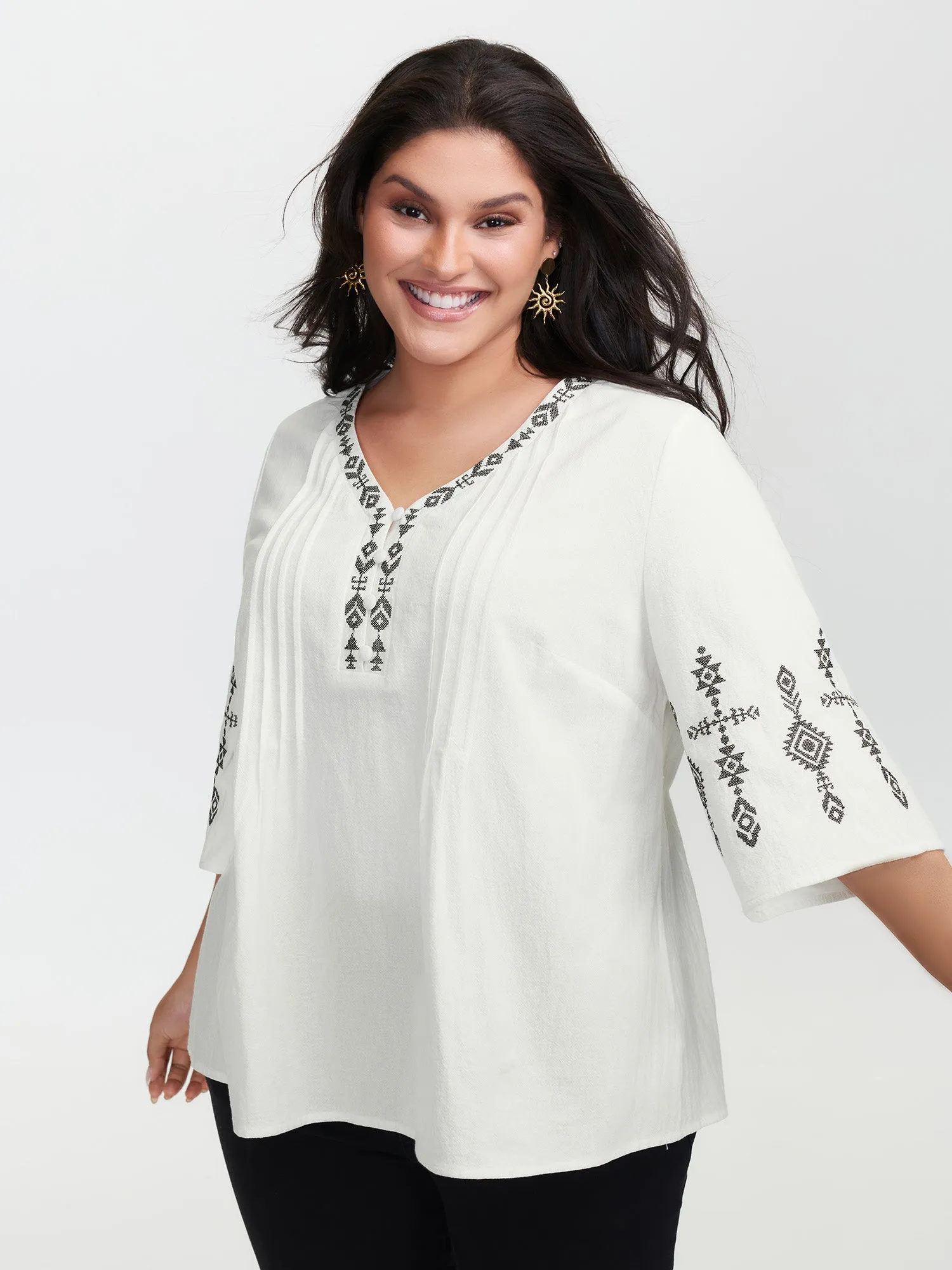 Cotton Boho Embroidery V-Neck Blouse sold by Bloomchic