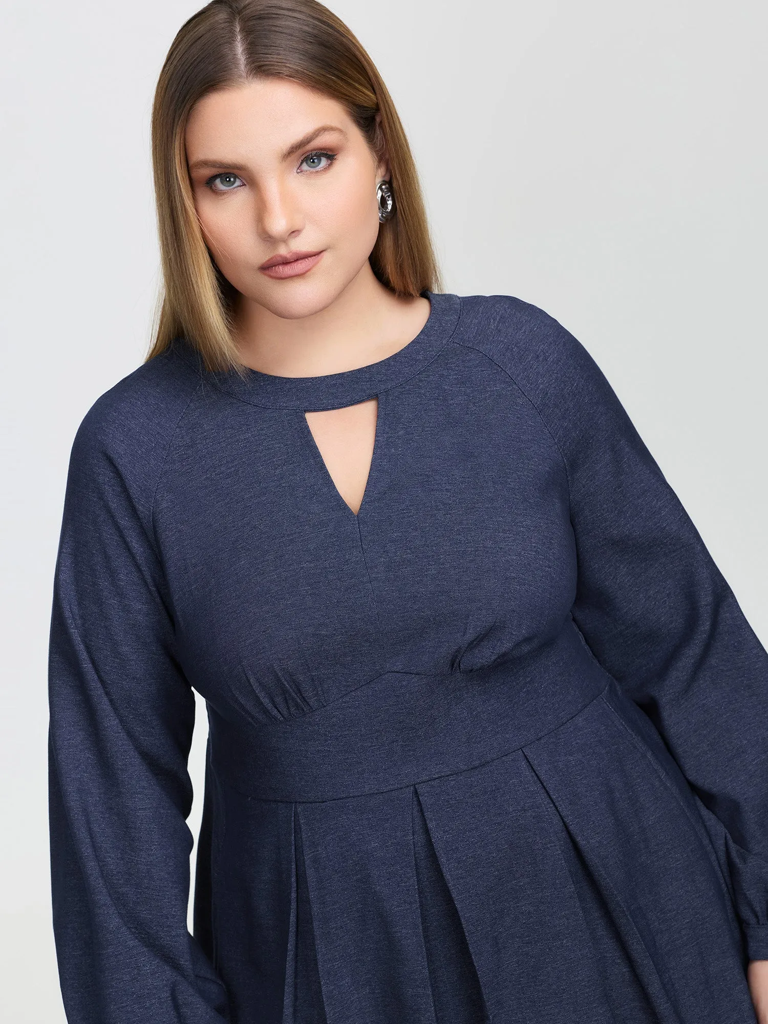 Denim-Like Pleated Cut-Out Neck Maxi Dress sold by Bloomchic product image thumbnail 4