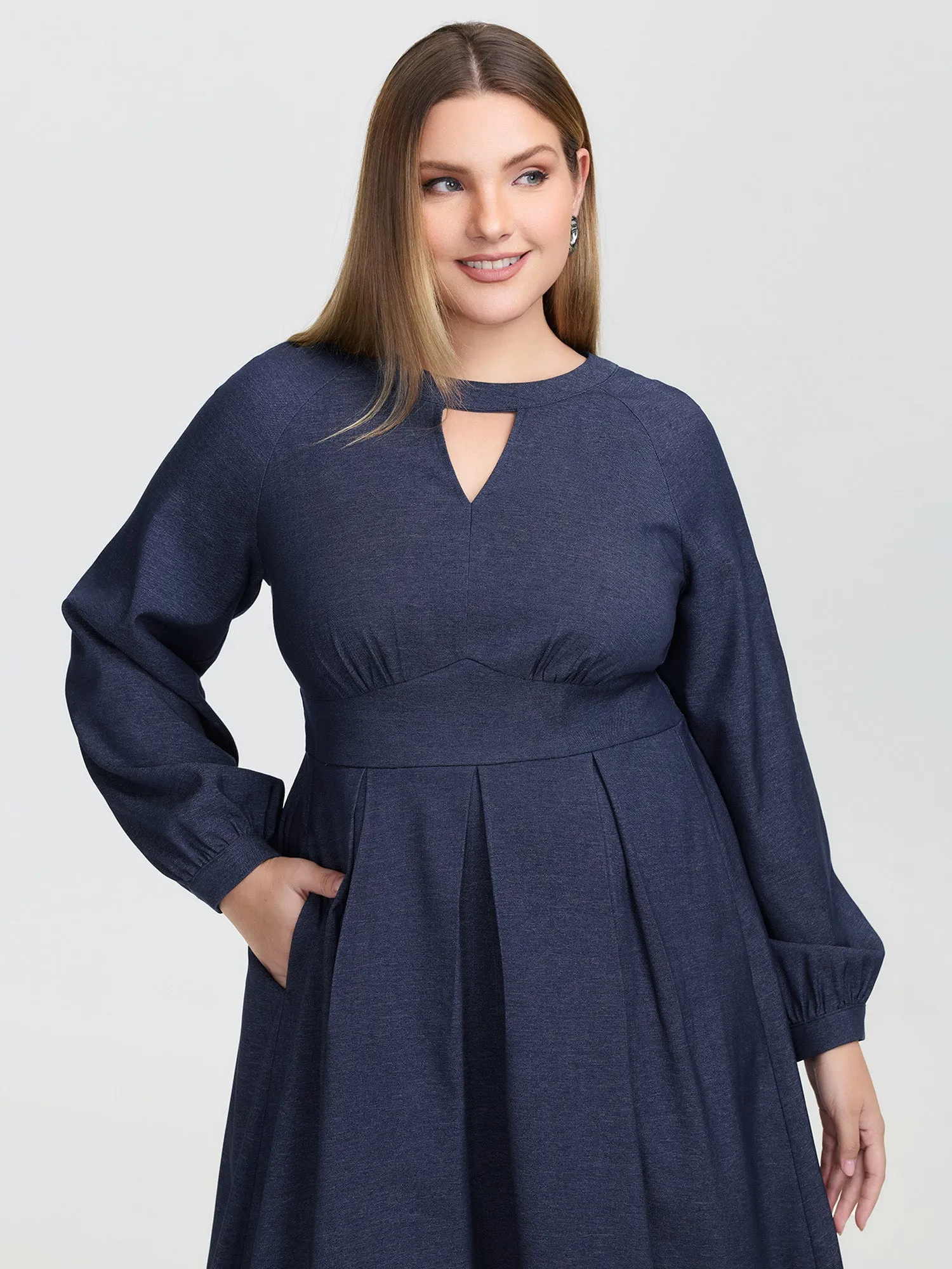 Denim-Like Pleated Cut-Out Neck Maxi Dress sold by Bloomchic product image thumbnail 2