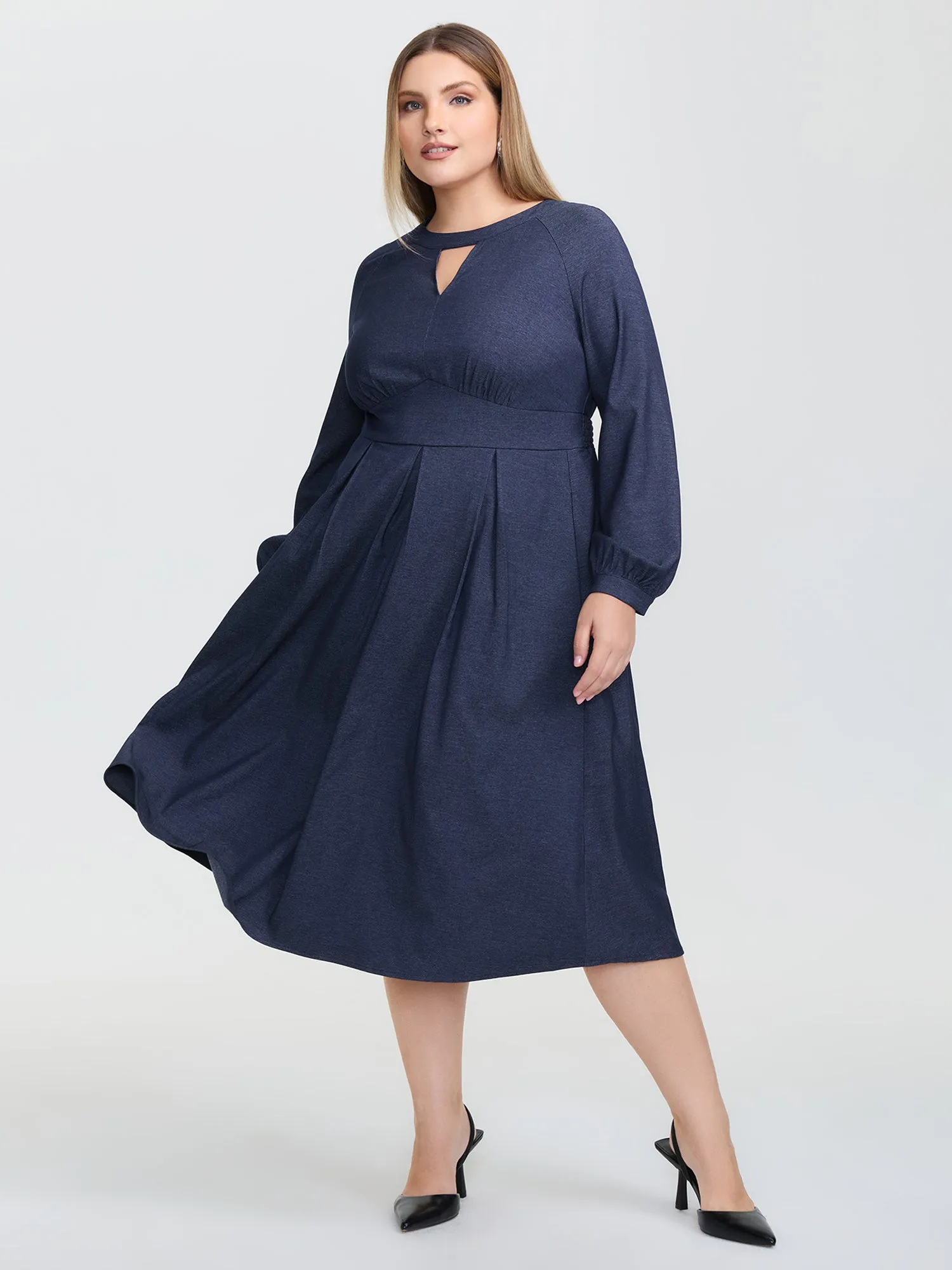 Denim-Like Pleated Cut-Out Neck Maxi Dress sold by Bloomchic