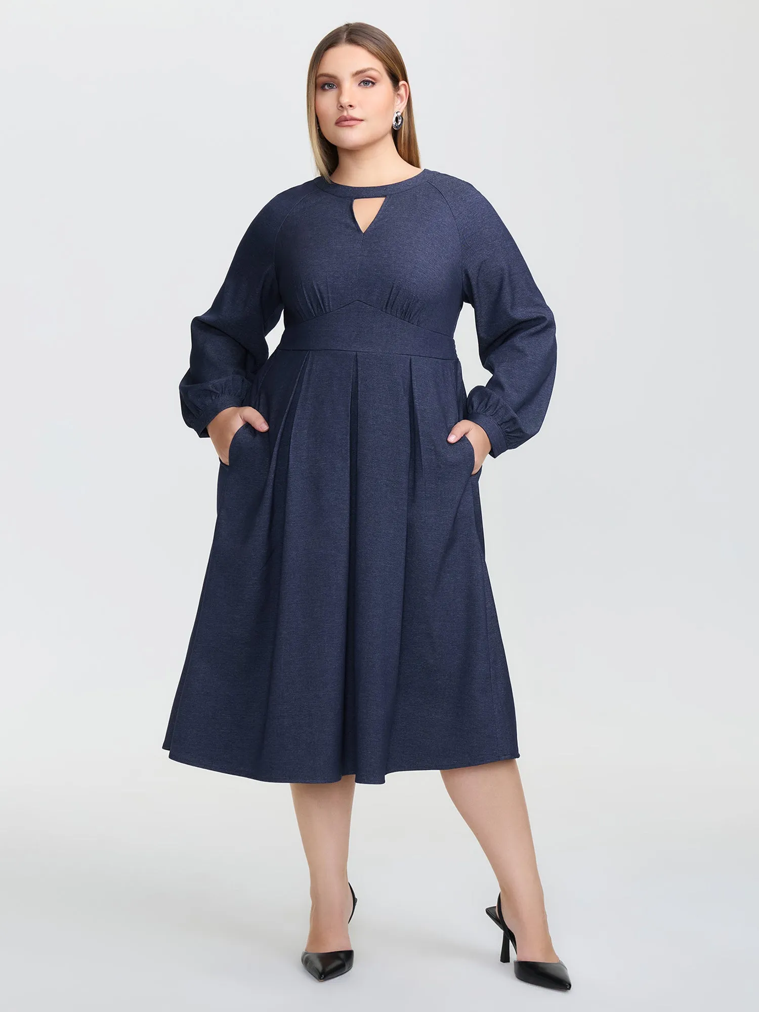 Denim-Like Pleated Cut-Out Neck Maxi Dress sold by Bloomchic product image thumbnail 3