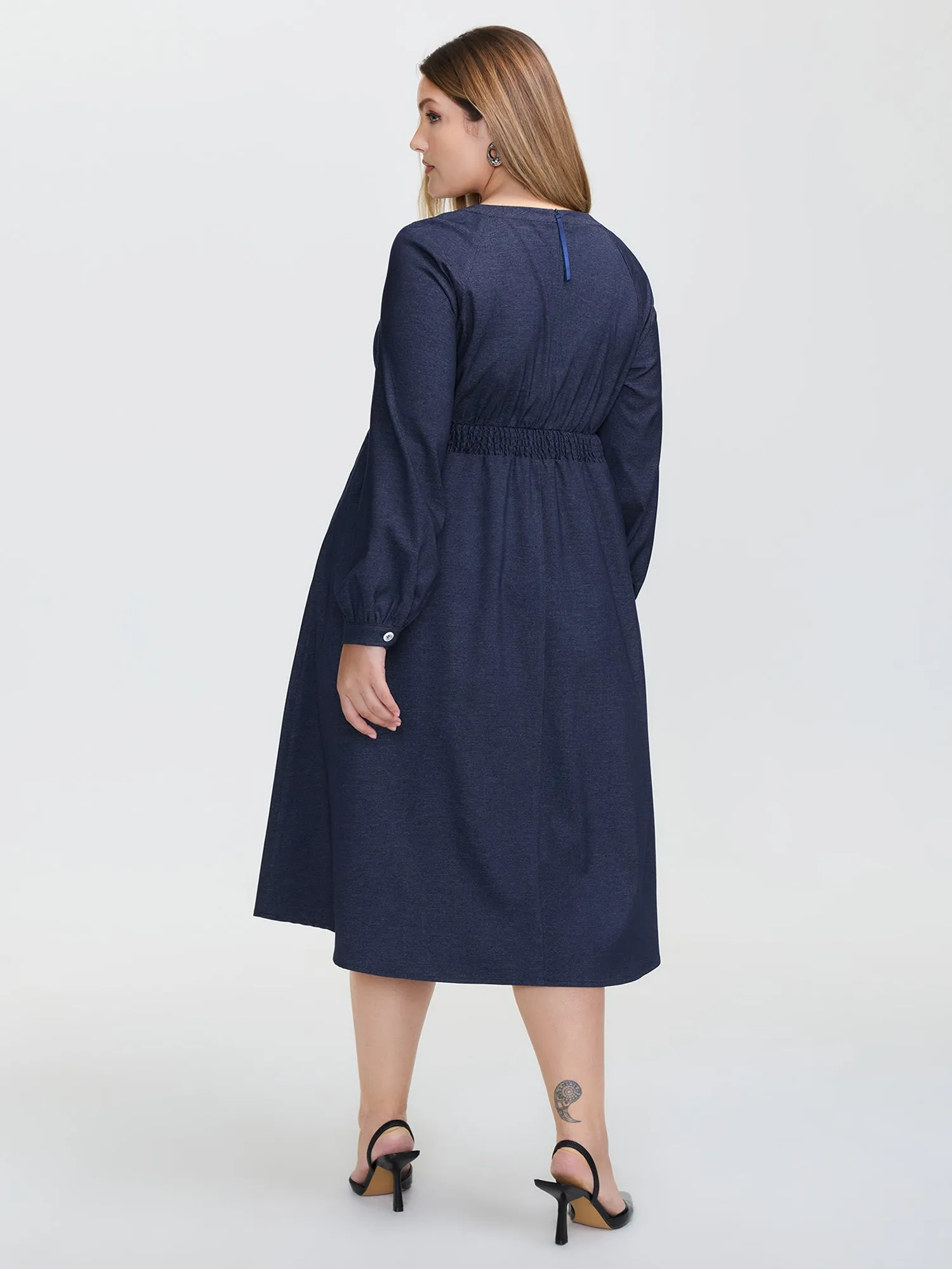 Denim-Like Pleated Cut-Out Neck Maxi Dress sold by Bloomchic product image thumbnail 5