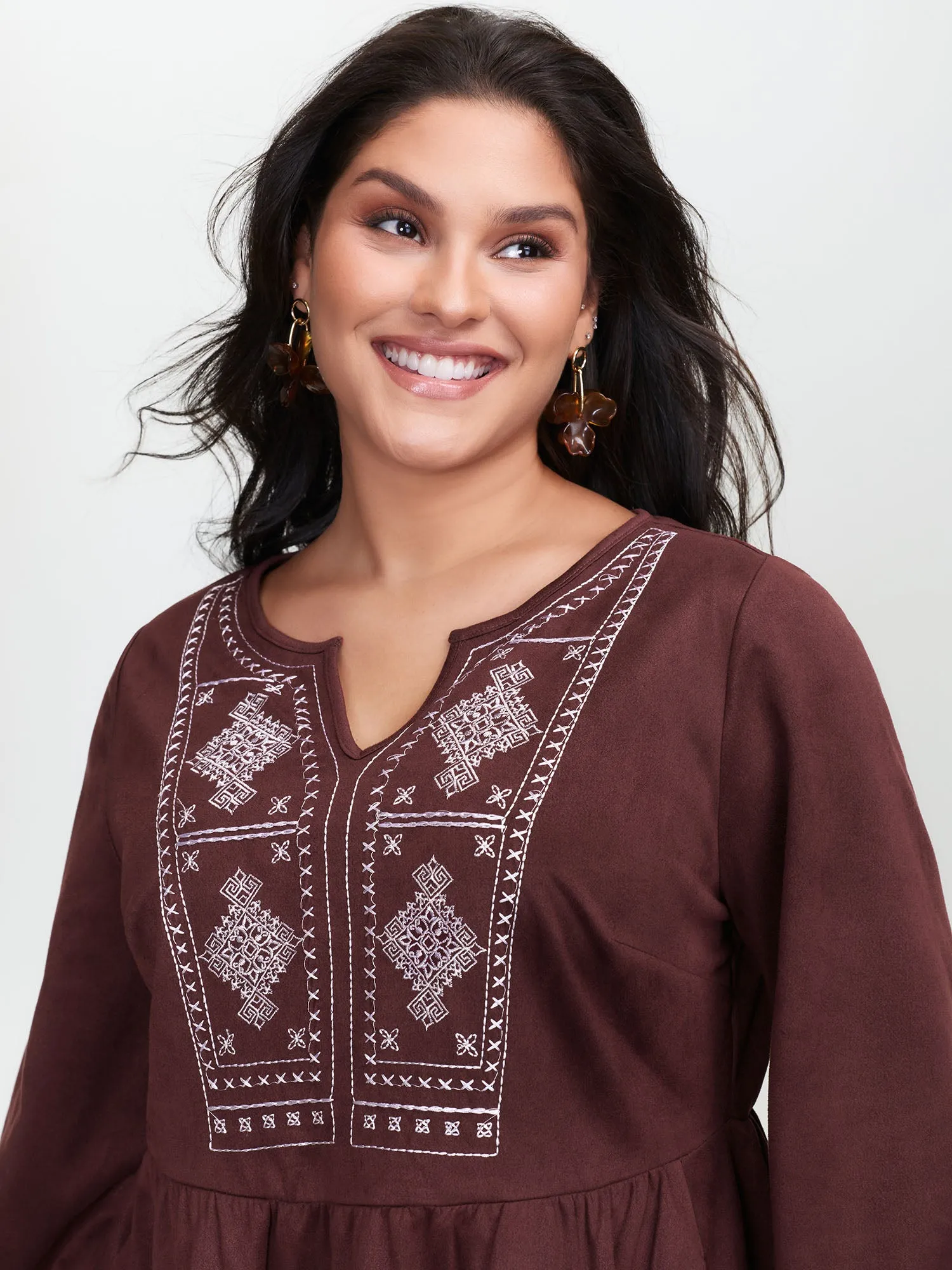 Boho Embroidery Notched Neckline Mini Dress sold by Bloomchic product image thumbnail 2