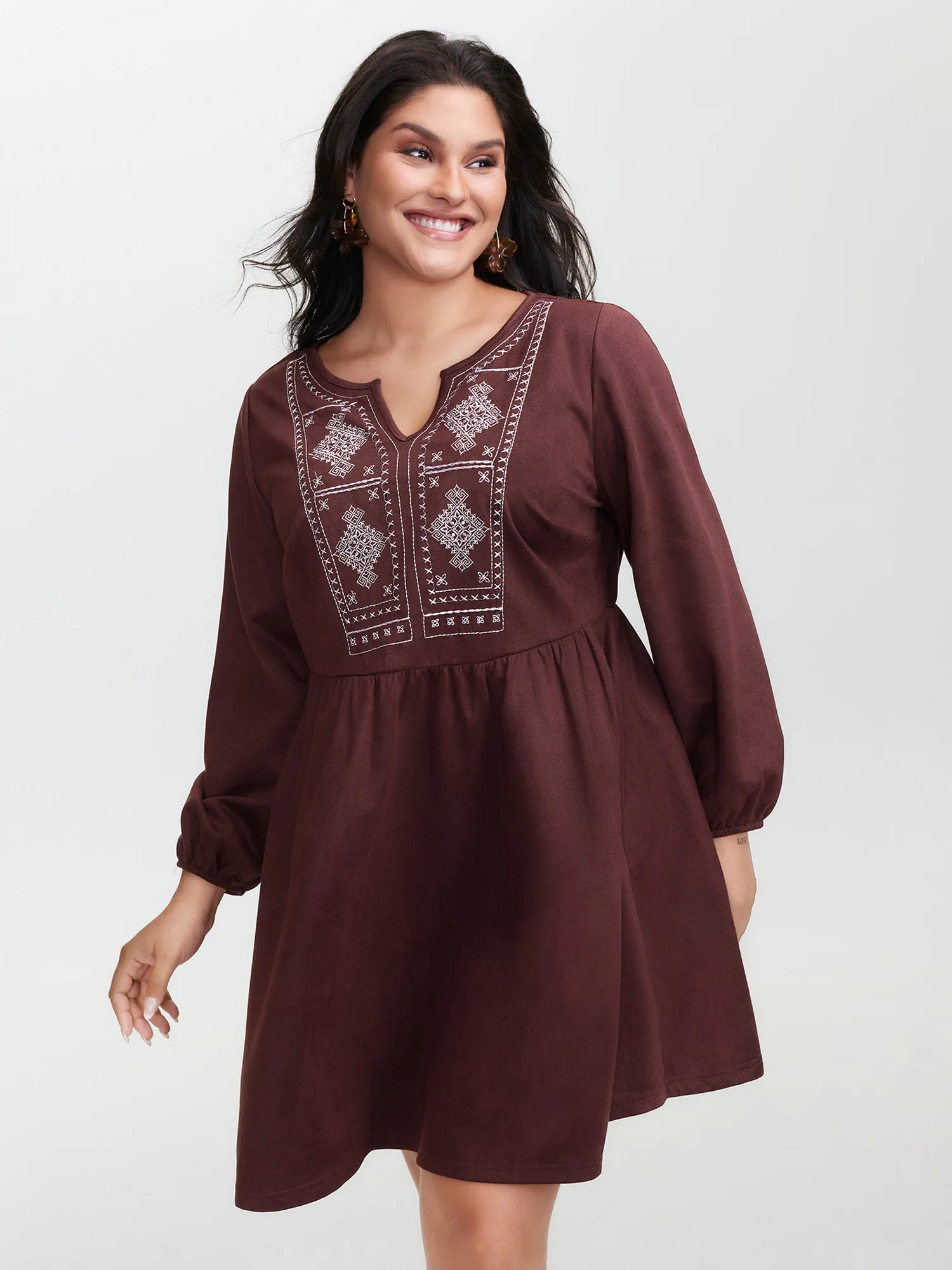 Boho Embroidery Notched Neckline Mini Dress sold by Bloomchic