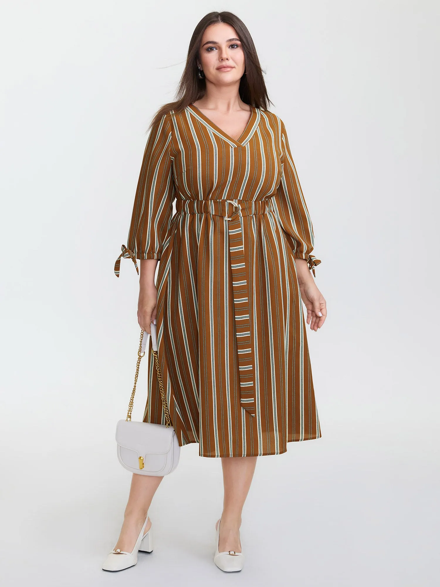 Striped V-Neck Belted Midi Dress sold by Bloomchic