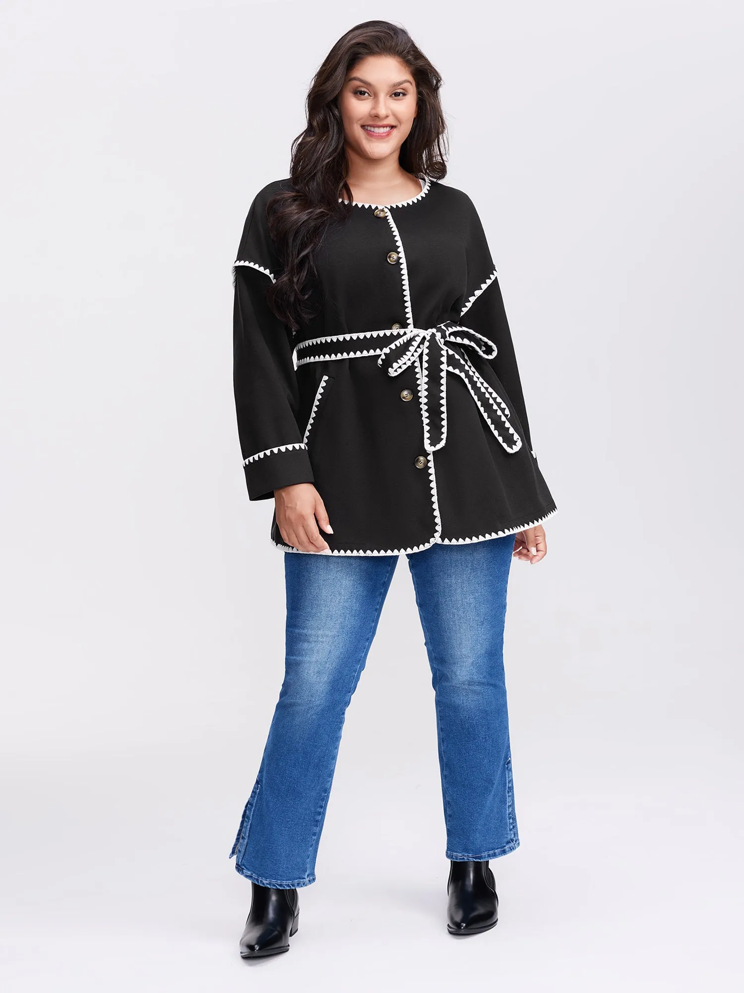 Overlock Stitch Color Contrast Belted Jacket sold by Bloomchic product image thumbnail 3