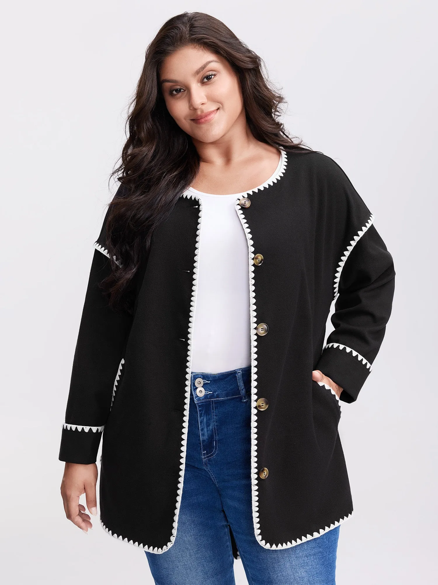 Overlock Stitch Color Contrast Belted Jacket sold by Bloomchic product image thumbnail 2