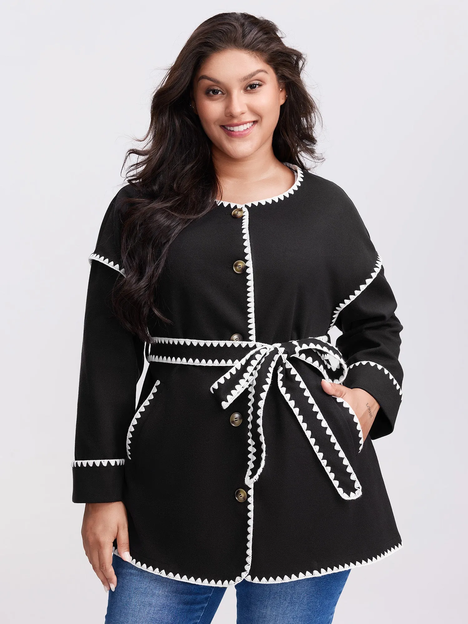 Overlock Stitch Color Contrast Belted Jacket sold by Bloomchic