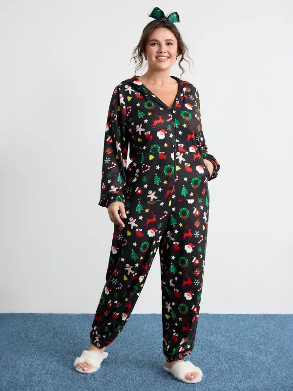 Holiday Spirit Pockets Hooded Sleep Jumpsuit sold by Bloomchic