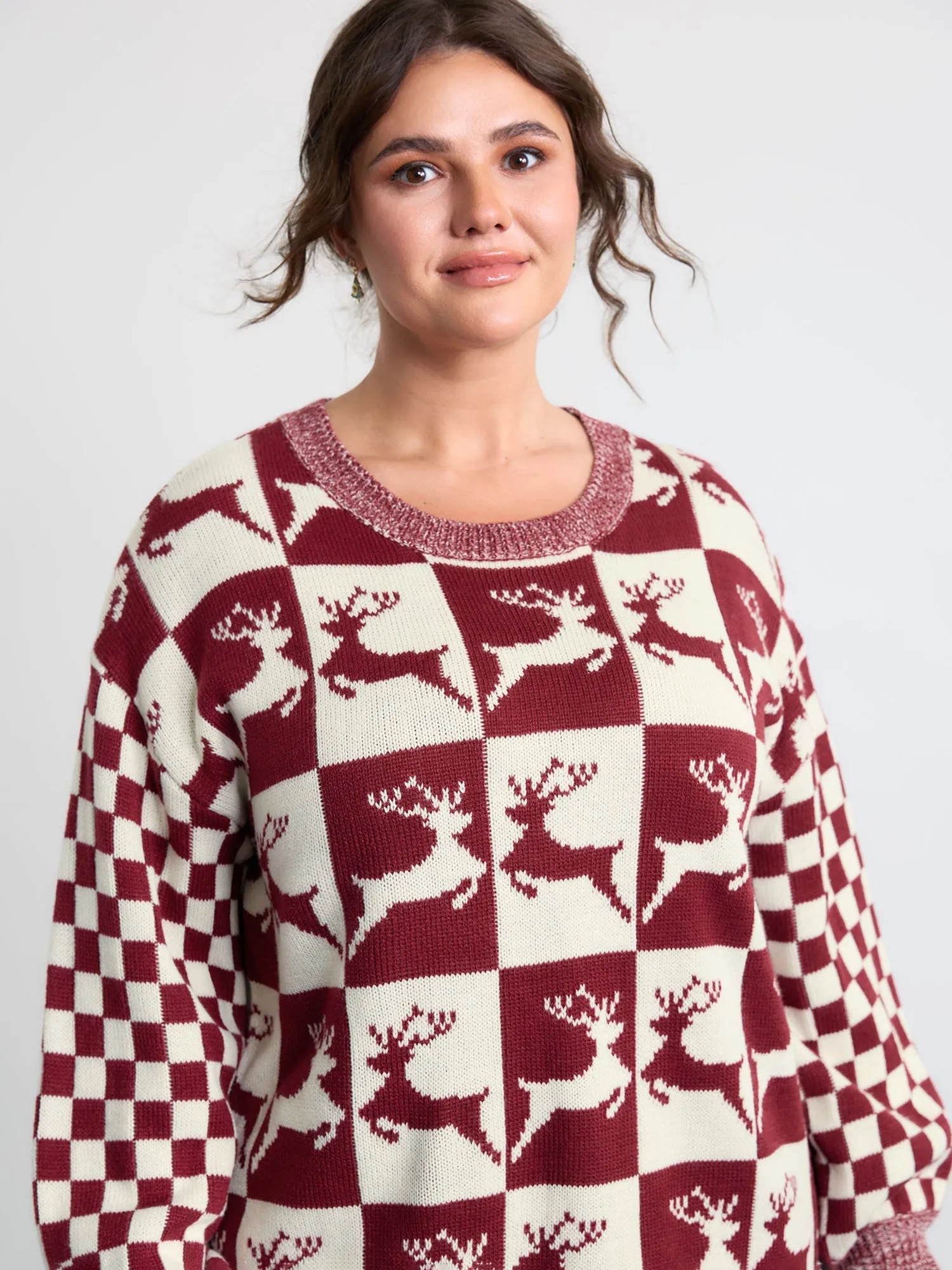 Checkered Colorblock Jacquard Reindeer Pullover sold by Bloomchic