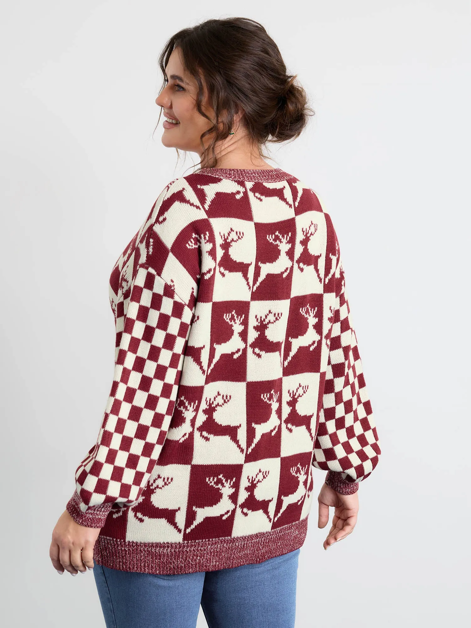 Checkered Colorblock Jacquard Reindeer Pullover sold by Bloomchic product image thumbnail 4