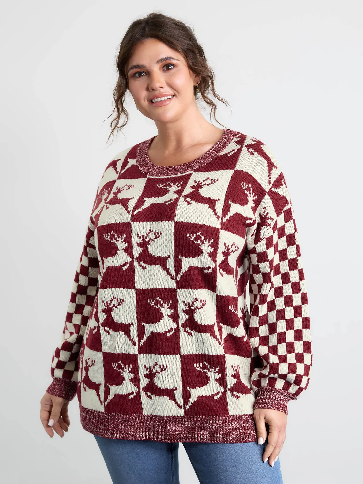 Checkered Colorblock Jacquard Reindeer Pullover sold by Bloomchic product image thumbnail 2