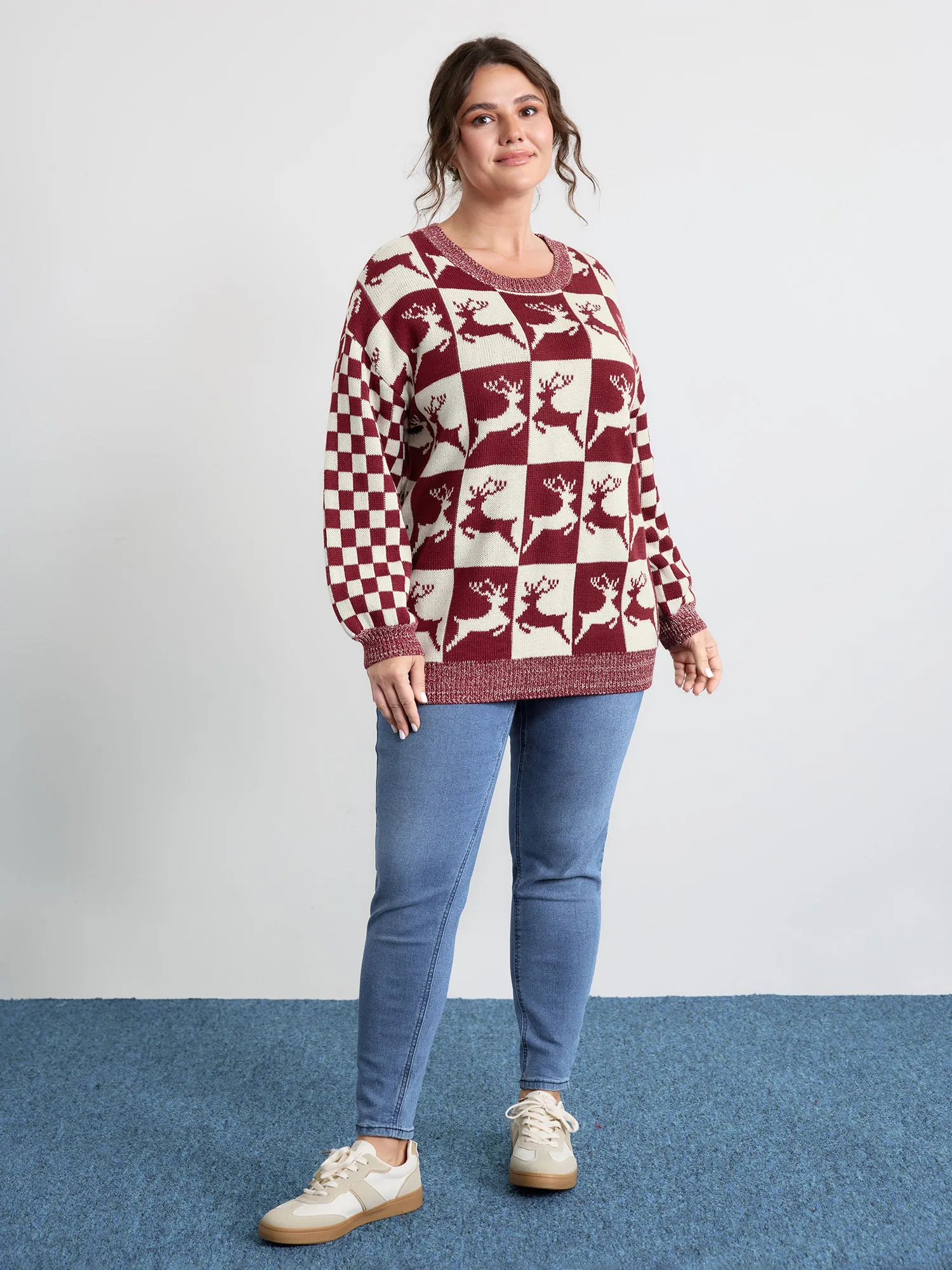 Checkered Colorblock Jacquard Reindeer Pullover sold by Bloomchic product image thumbnail 3