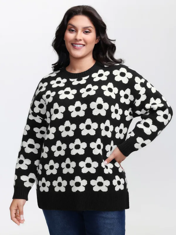 Floral Split Hem Color Contrast Pullover sold by Bloomchic