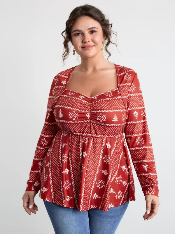 Holiday Pattern Sweetheart Neck Knit Top sold by Bloomchic