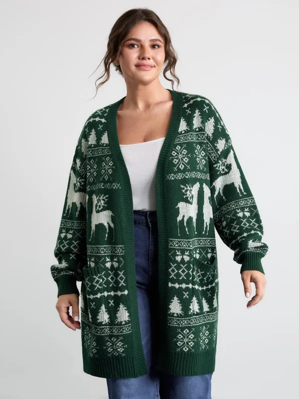 Elk Christmas Print Jacquard Open-Front Knit Cardigan sold by Bloomchic