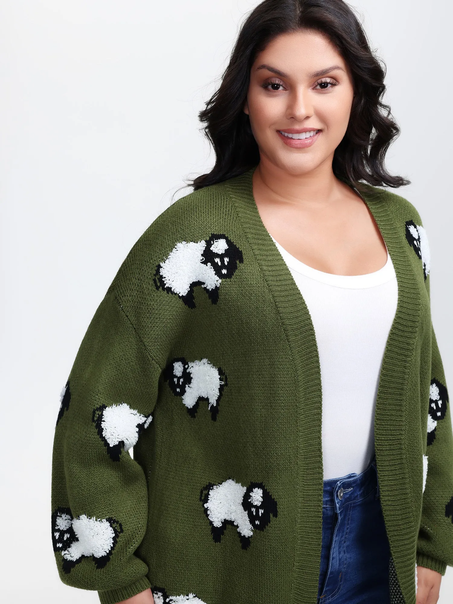 Flocked Lamb Curvy Hem Jacquard-Knit Cardigan sold by Bloomchic product image thumbnail 2