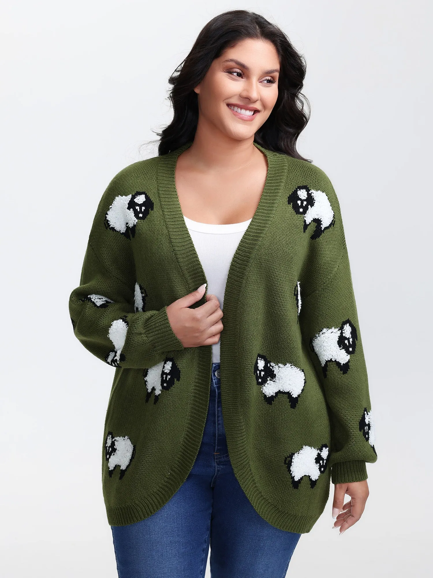 Flocked Lamb Curvy Hem Jacquard-Knit Cardigan sold by Bloomchic