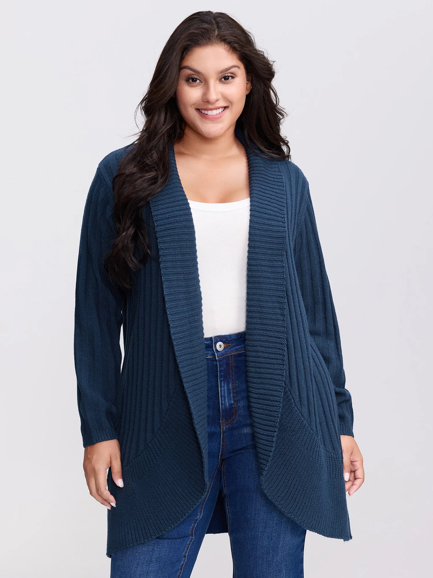 Folded Collar Ribbed Curvy Knit Cardigan sold by Bloomchic
