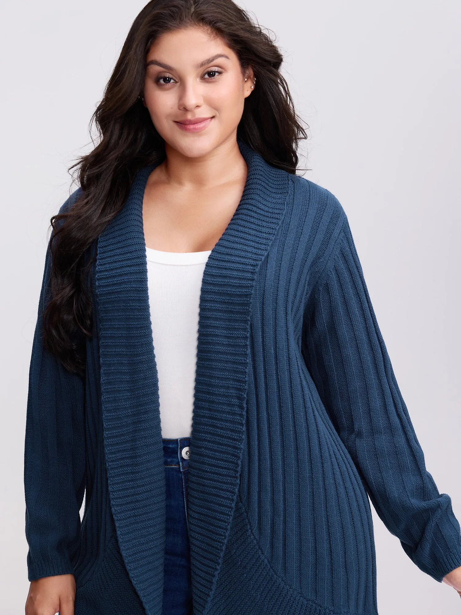 Folded Collar Ribbed Curvy Knit Cardigan sold by Bloomchic product image thumbnail 2