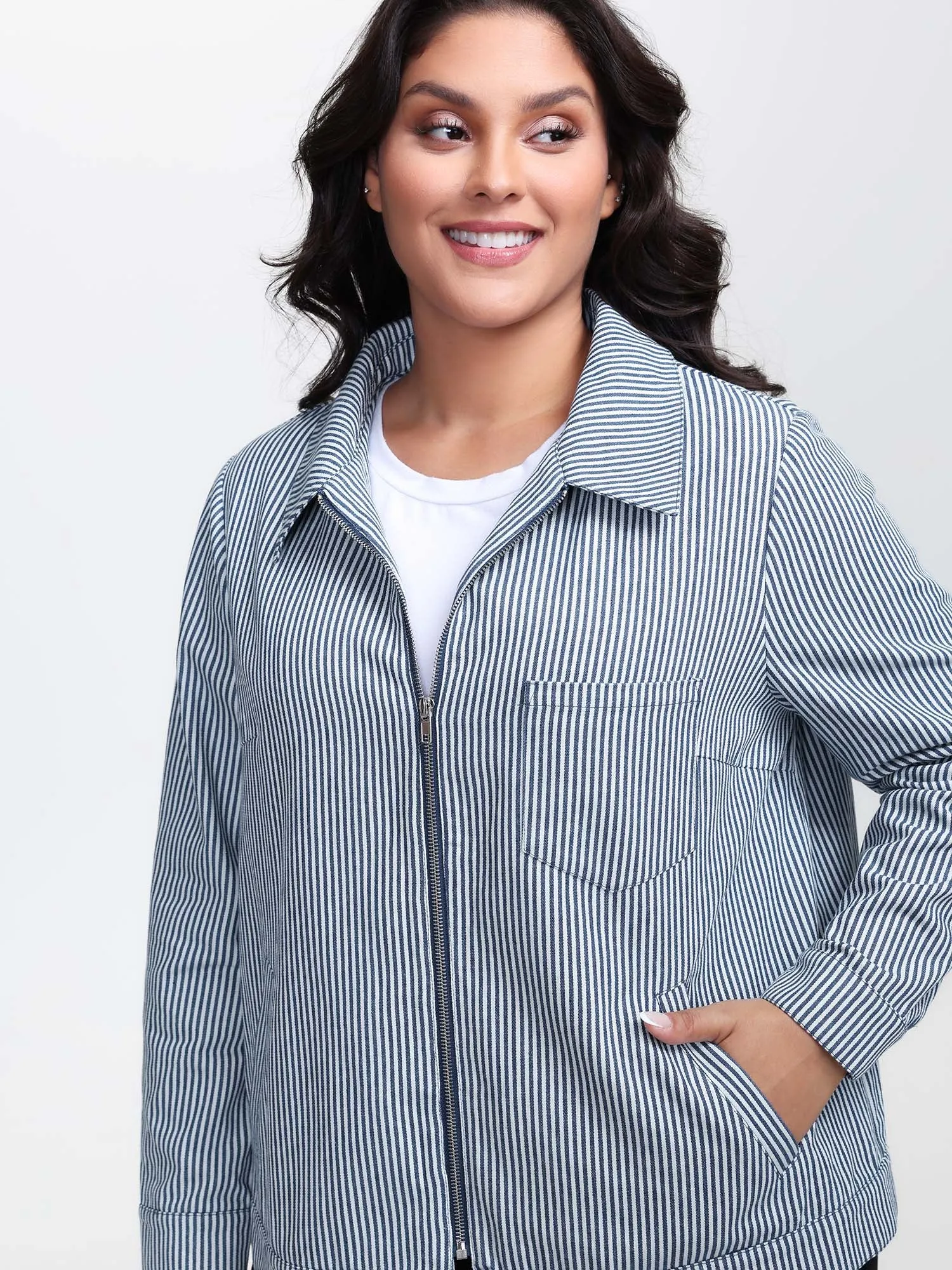 Denim Stripe Zipper-Front Jacket sold by Bloomchic product image thumbnail 2