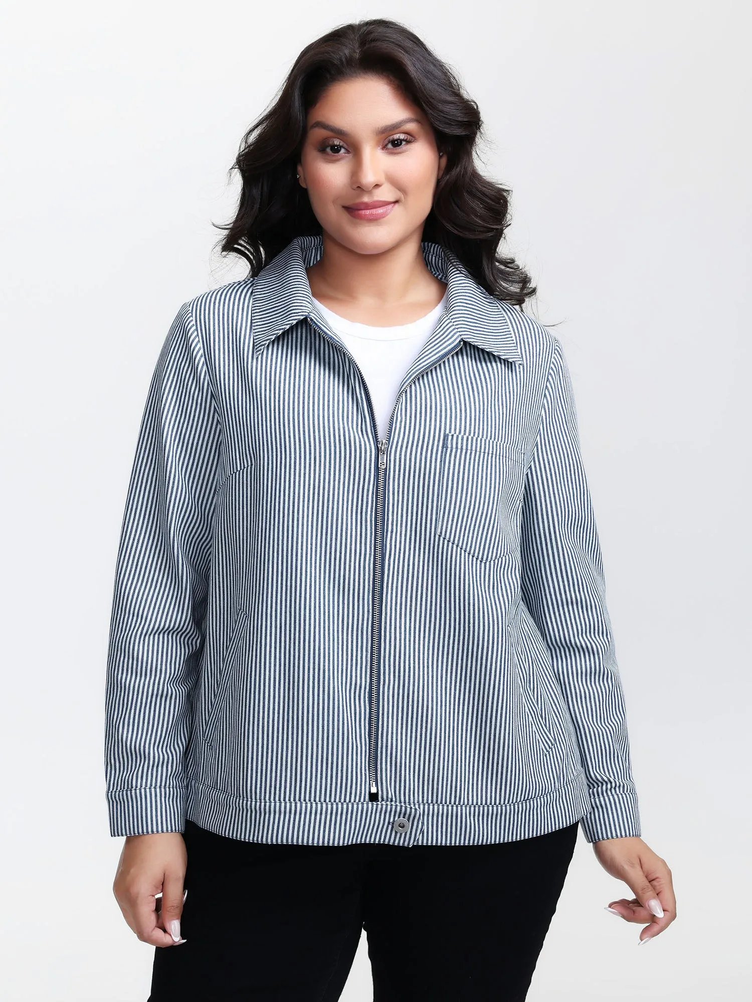 Denim Stripe Zipper-Front Jacket sold by Bloomchic