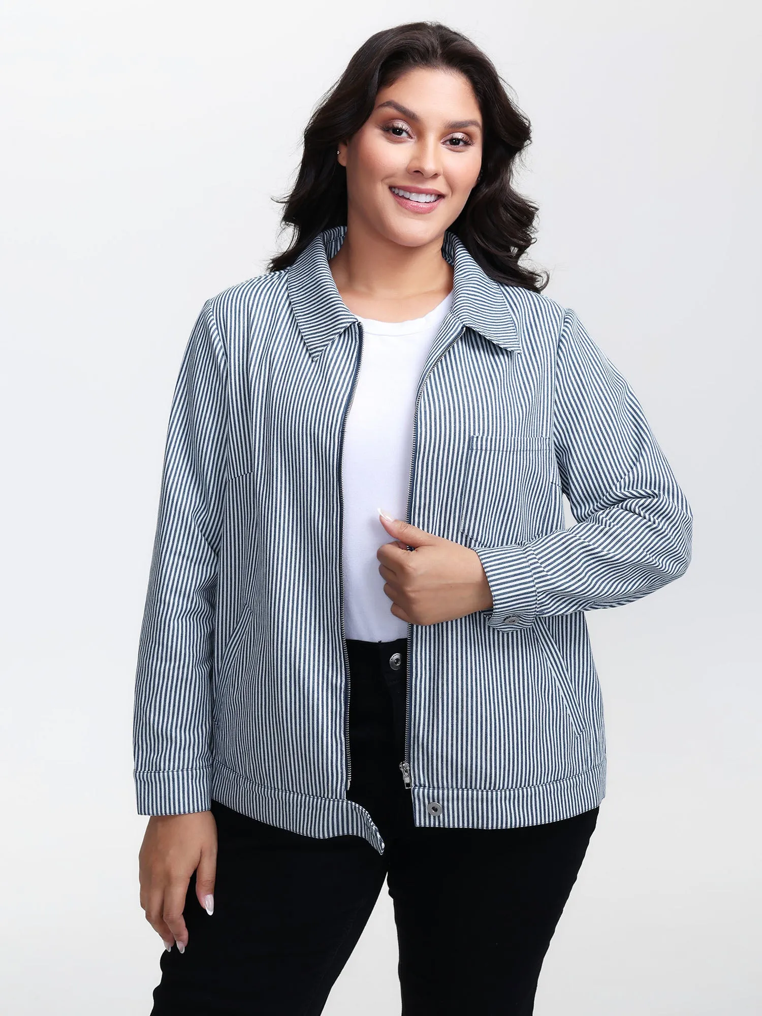 Denim Stripe Zipper-Front Jacket sold by Bloomchic product image thumbnail 5