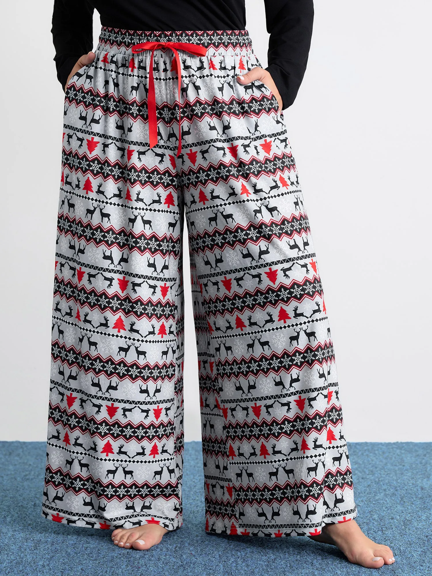 Festive Print Color Contrast Drawstring Lounge Bottoms sold by Bloomchic product image thumbnail 2