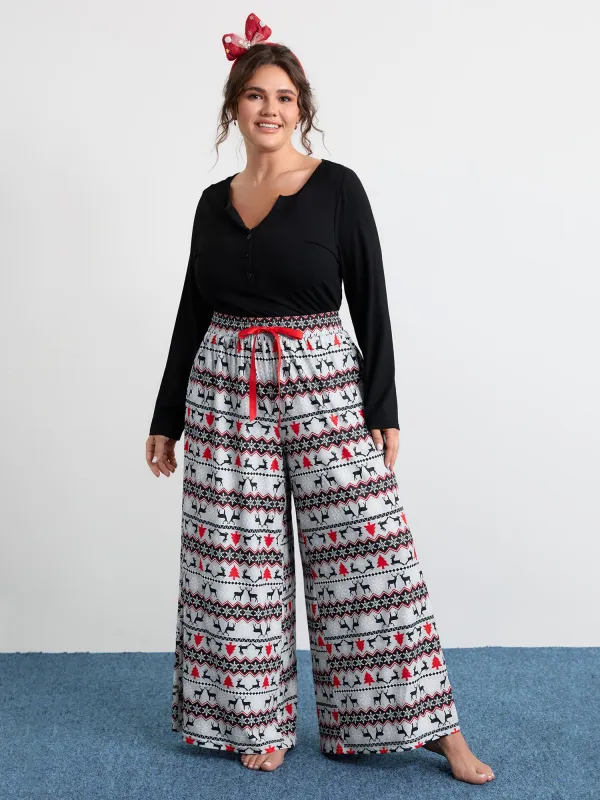 Festive Print Color Contrast Drawstring Lounge Bottoms sold by Bloomchic