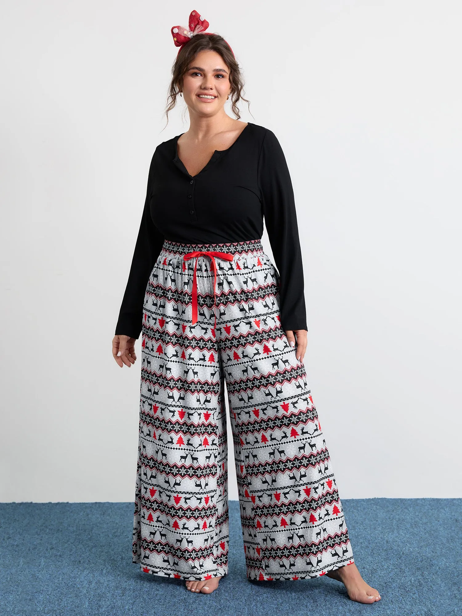 Festive Print Color Contrast Drawstring Lounge Bottoms sold by Bloomchic
