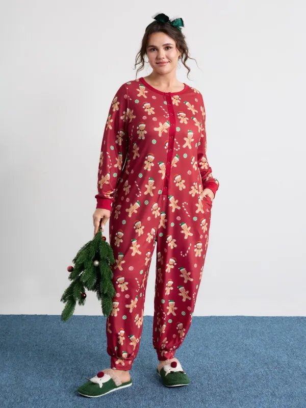 Gingerbread Print Button Placket Jumpsuit sold by Bloomchic
