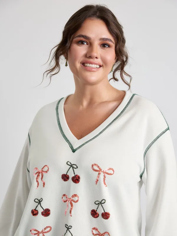 Bowknot Embroidery Relaxed-Fit Sweatshirt sold by Bloomchic