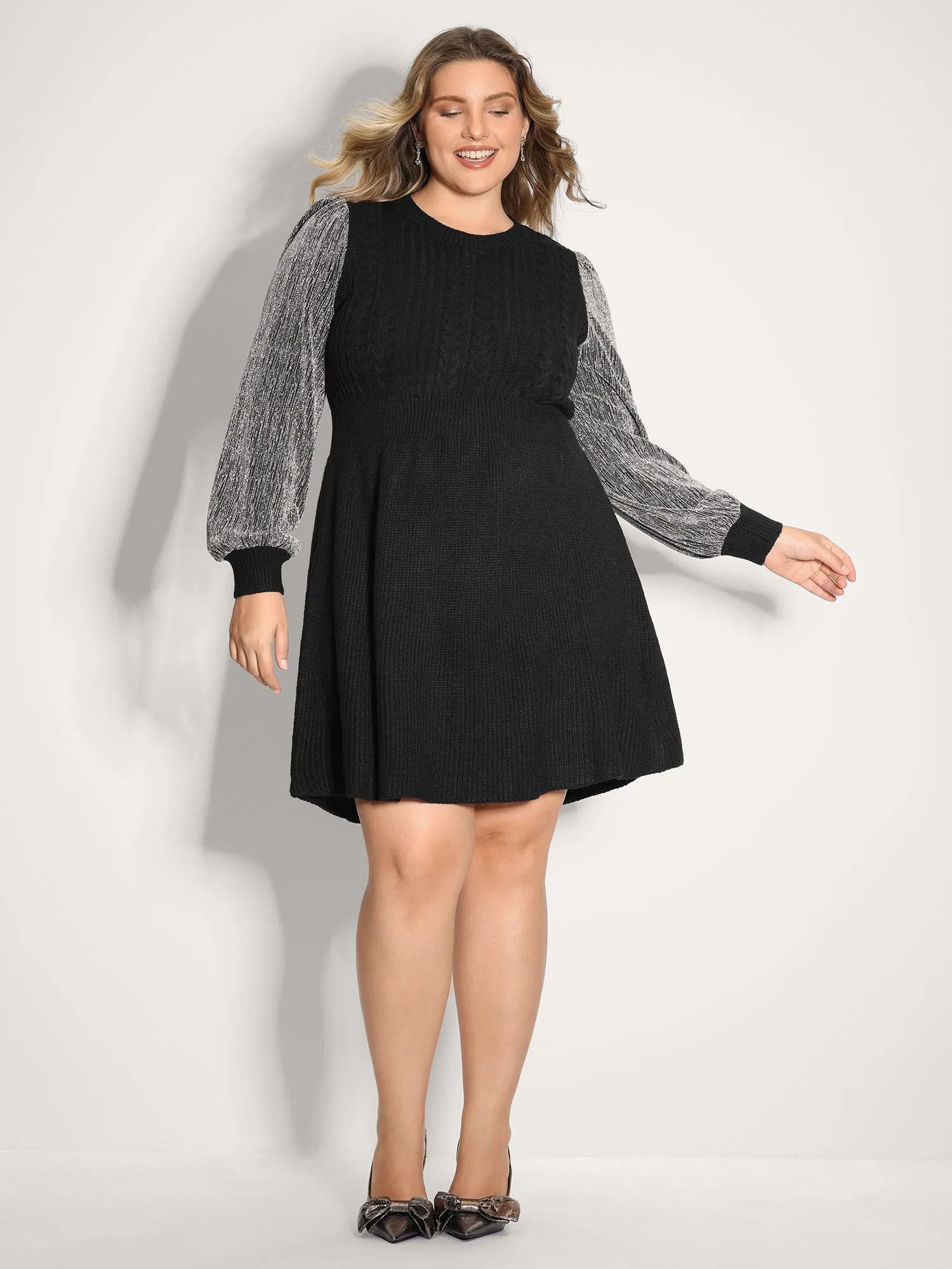 Glitter Textured Contrast Sleeve Midi Sweater Dress sold by Bloomchic product image thumbnail 3