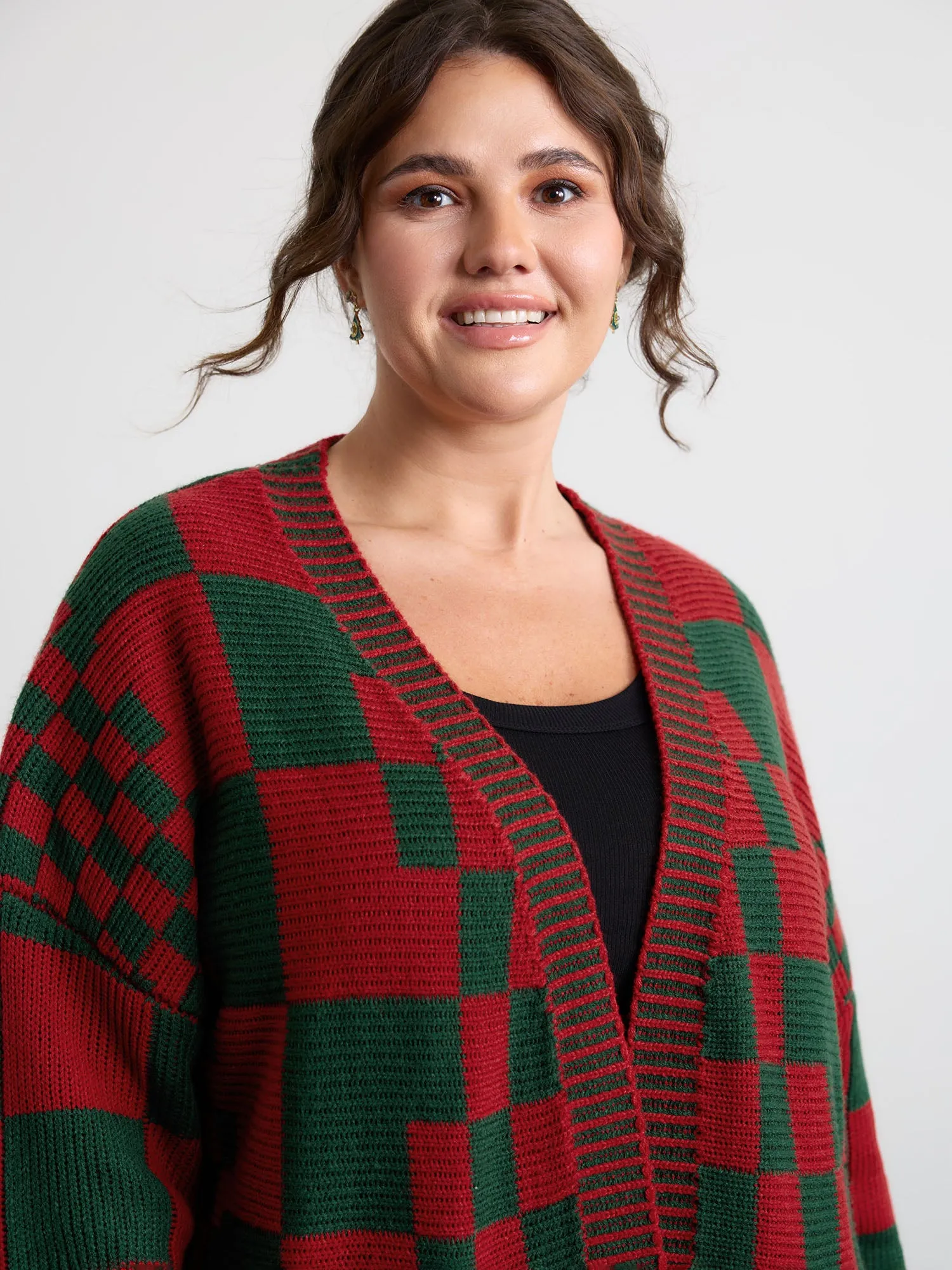Holiday Checkered Open-Front Knit Cardigan sold by Bloomchic product image thumbnail 3