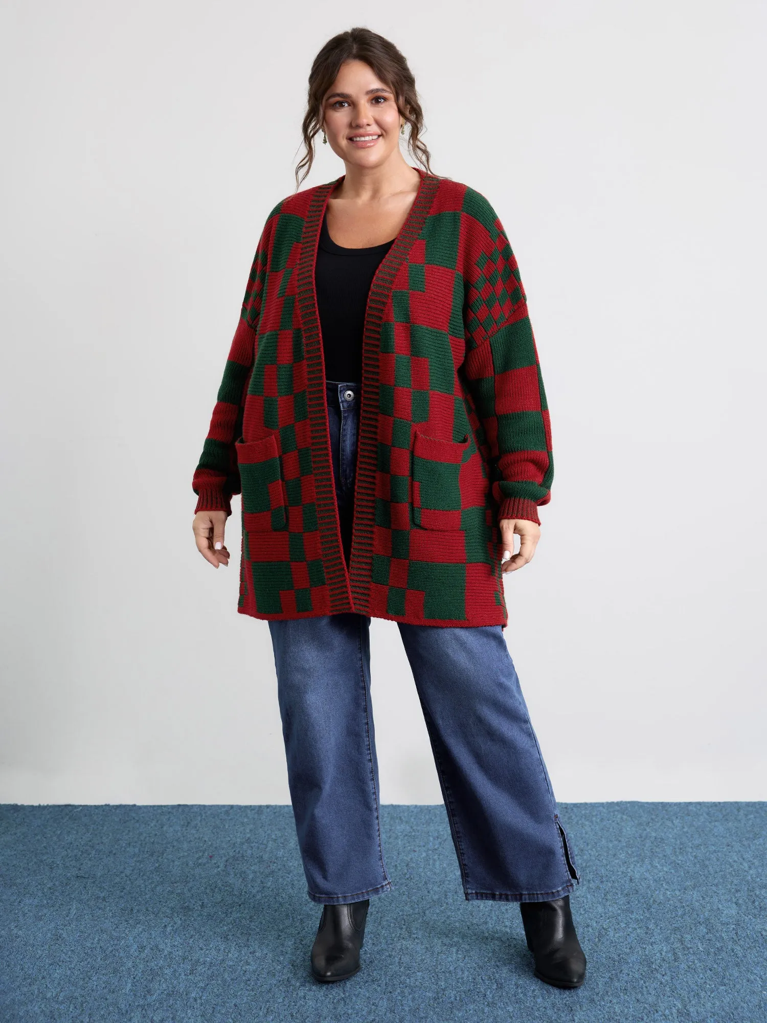 Holiday Checkered Open-Front Knit Cardigan sold by Bloomchic product image thumbnail 2