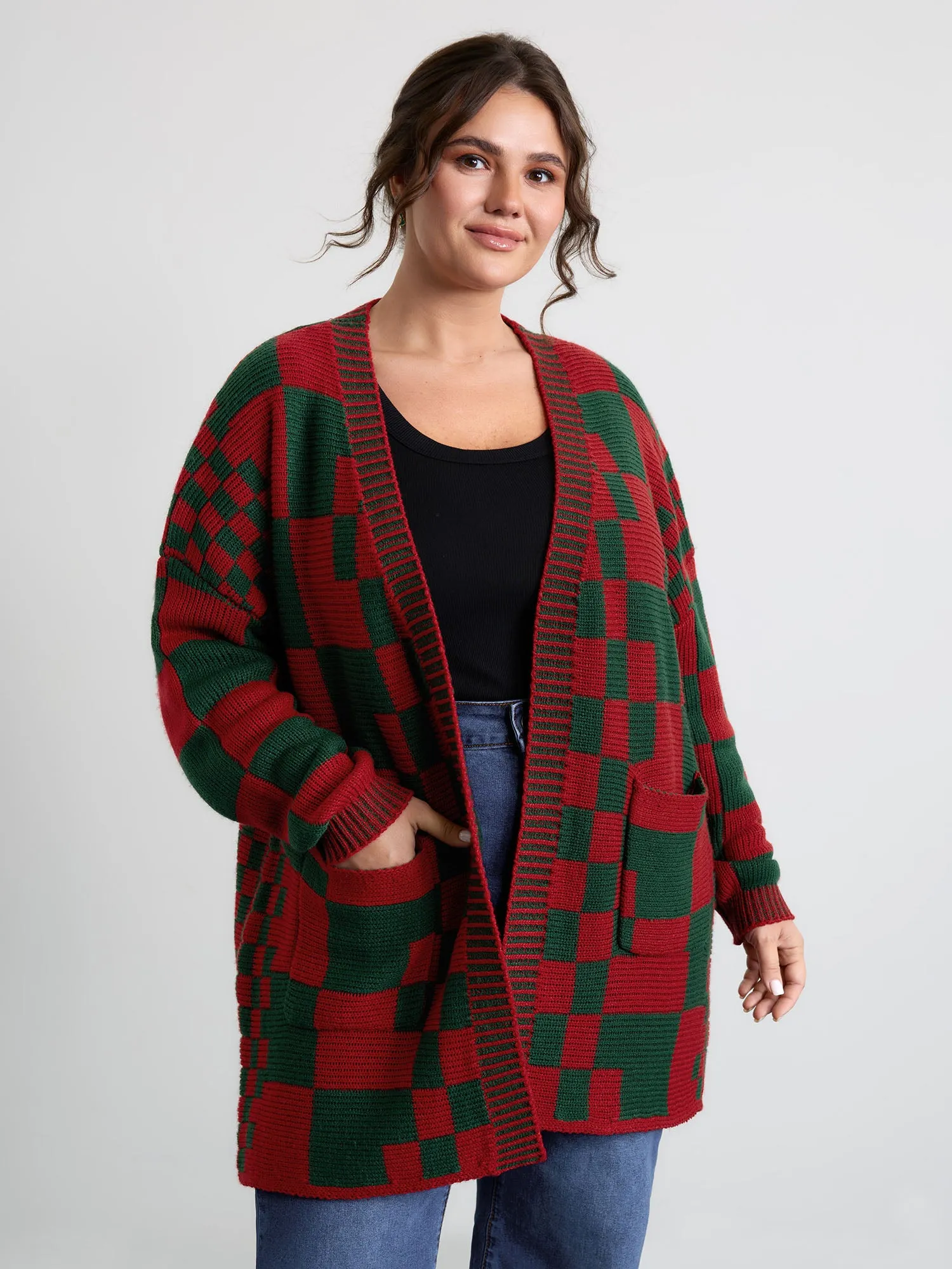 Holiday Checkered Open-Front Knit Cardigan sold by Bloomchic