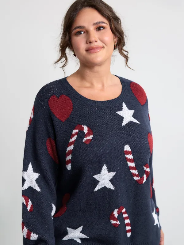 Holiday Candy Jacquard Pattern Pullover sold by Bloomchic