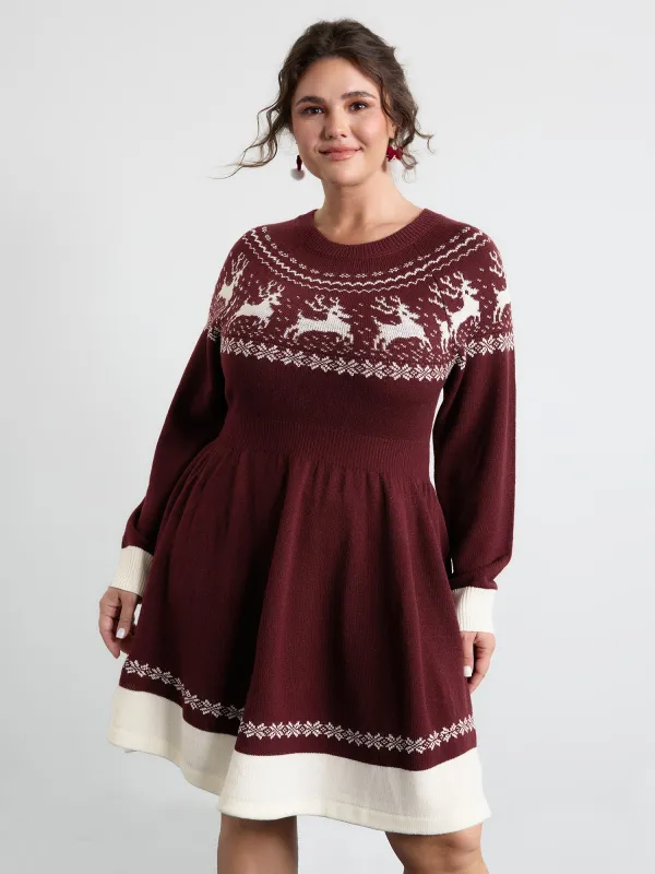 Reindeer Print Cinched-Waist Sweater Midi Dress sold by Bloomchic