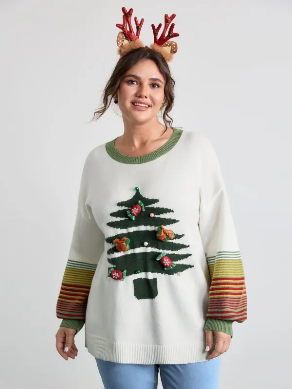 Christmas Tree Pattern Jacquard Stripe Pullover sold by Bloomchic