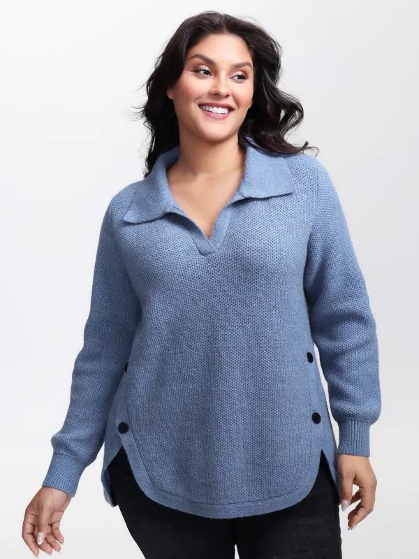 Polo Collar Side Buttons Curvy Pullover sold by Bloomchic
