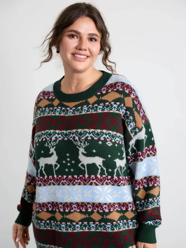 Elk Christmas Print Jacquard Ribbed Hem Pullover sold by Bloomchic