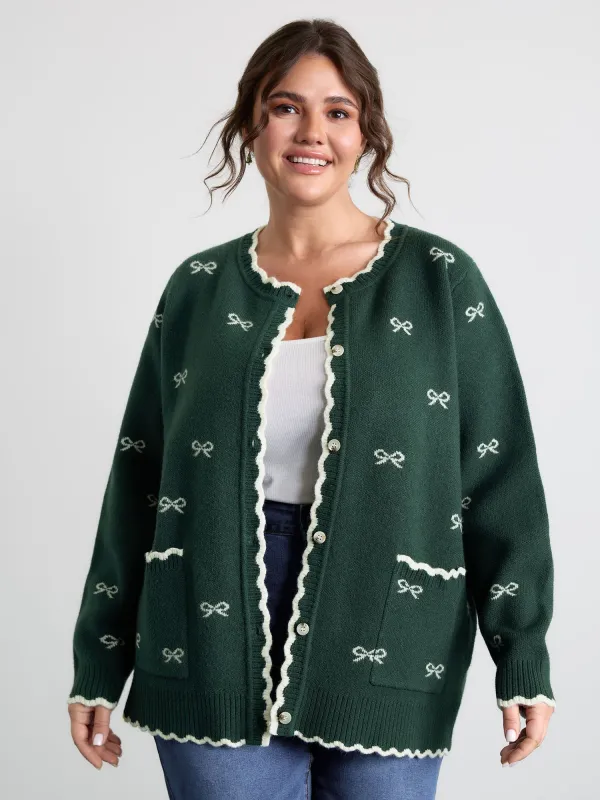 Bowknot Jacquard Wavy Edge Knit Cardigan sold by Bloomchic