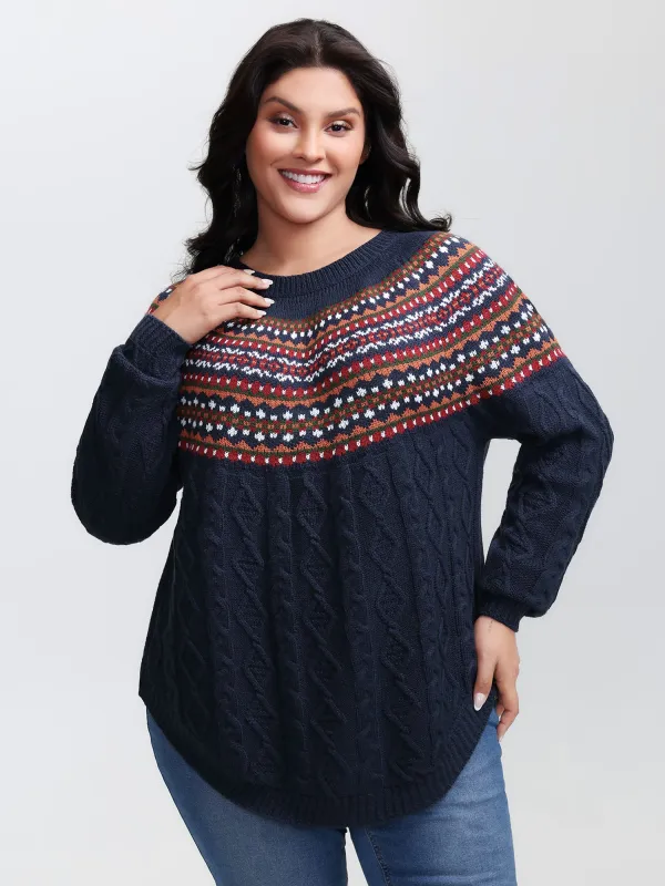 Cable Knit Boho Print Curvy Hem Pullover sold by Bloomchic