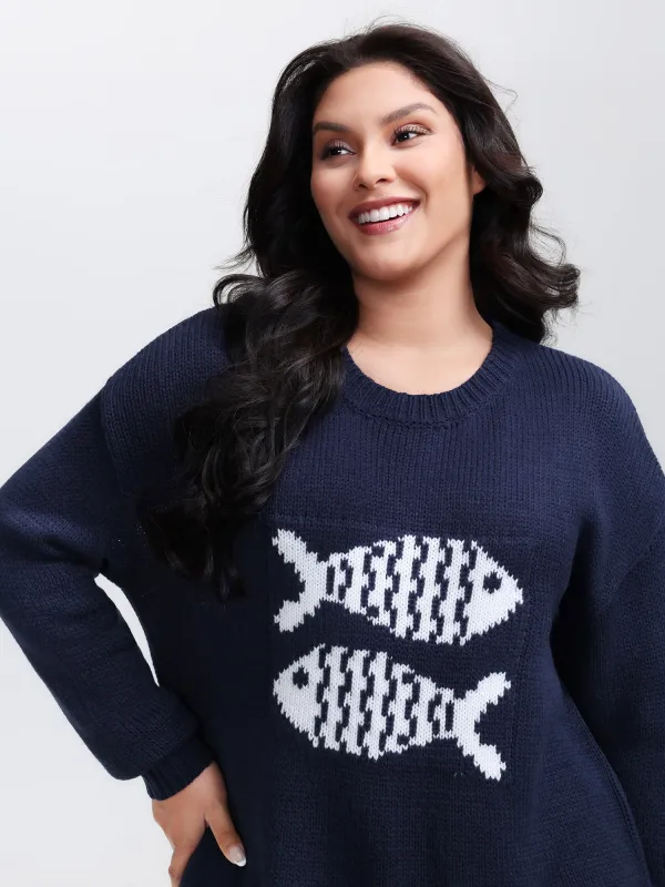 Fish Jacquard Print Round Neck Pullover sold by Bloomchic