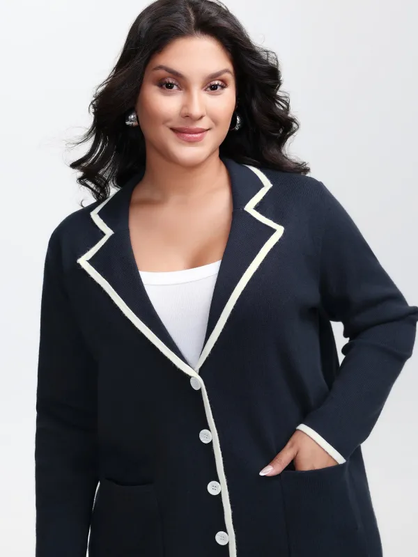 Blazer Collar Pockets Color Contrast Knit Cardigan sold by Bloomchic