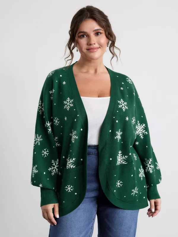 Snowflake Pattern Pockets Curvy Hem Knit Cardigan sold by Bloomchic