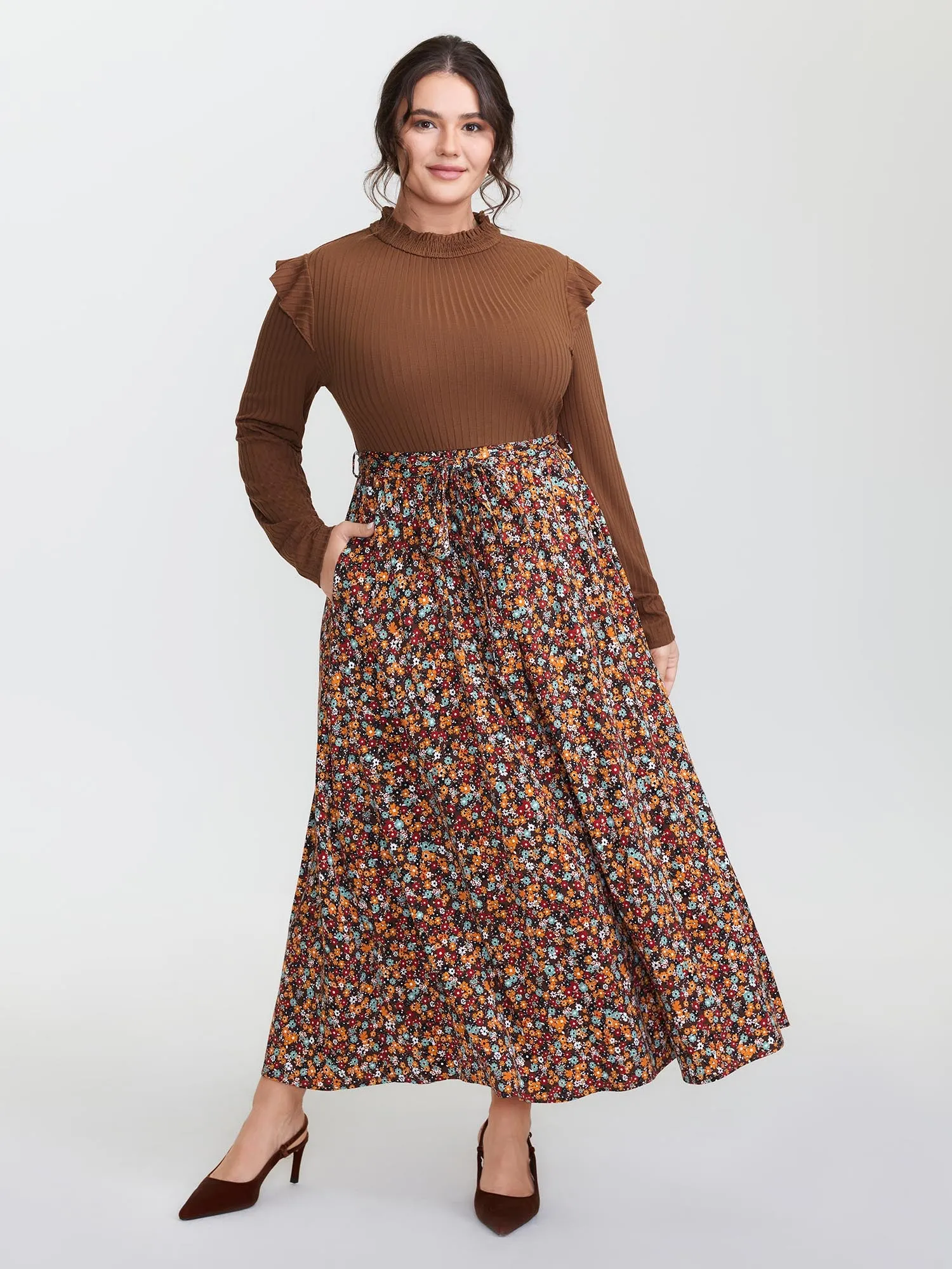 Floral Ruffled Pockets Mock Neck Maxi Dress sold by Bloomchic product image thumbnail 3