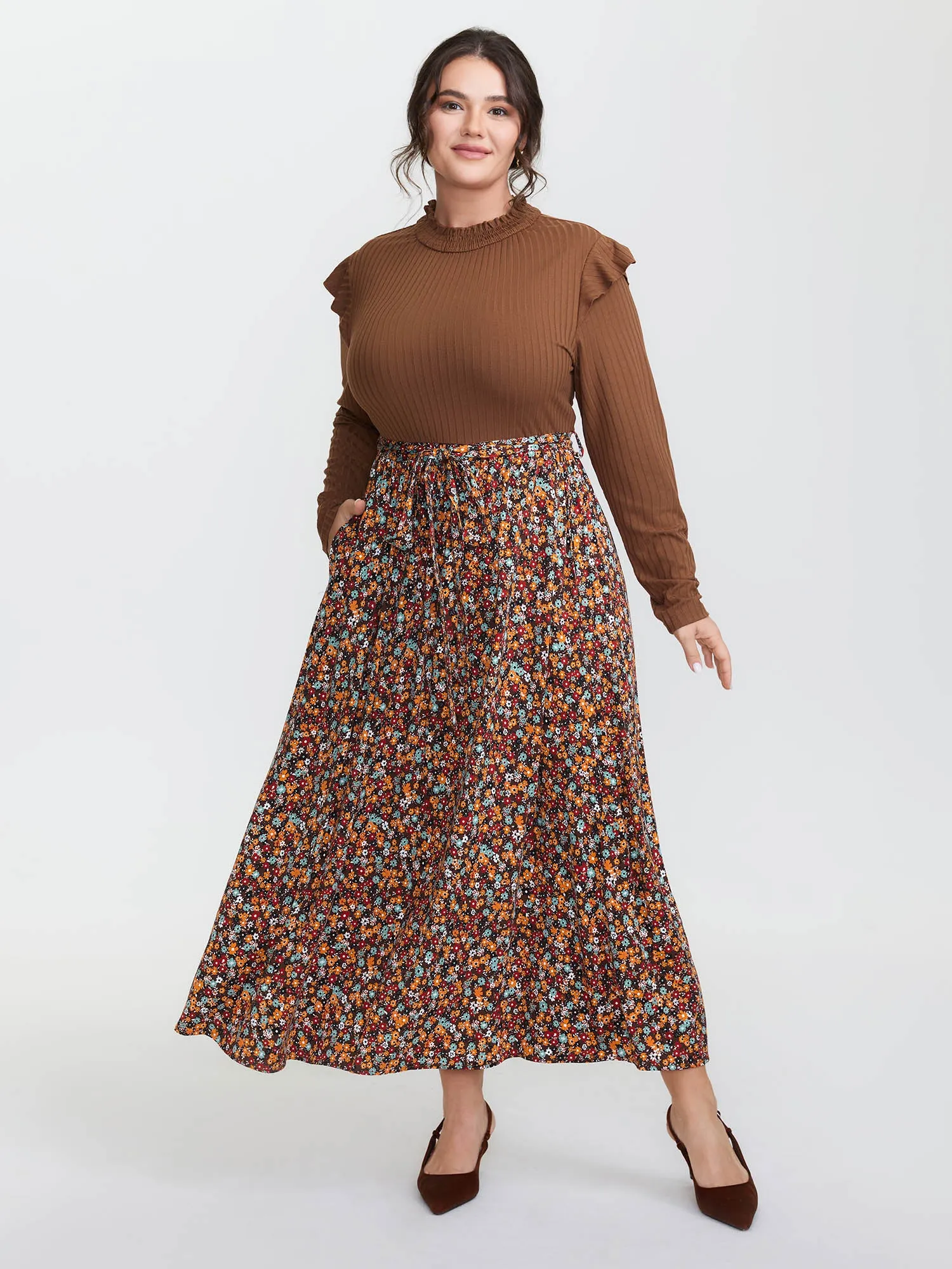 Floral Ruffled Pockets Mock Neck Maxi Dress sold by Bloomchic